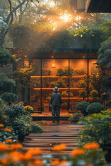 Man is standing in front of glass building and looking at the plants