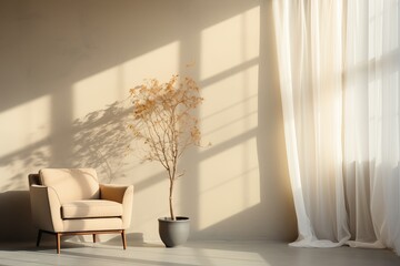 Modern minimal interior design armchair beside a gracefully draped curtain