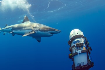 shark attacking a robotic submersible simulating prey - obrazy, fototapety, plakaty