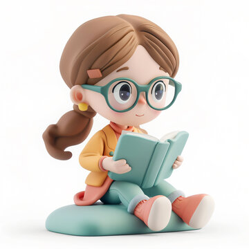 3d render icon of girl reading cartoon plastic generated AI