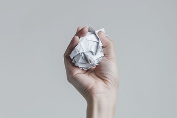 hand clutching a blank, crumpled paper ball, ready to toss it away - 764588215