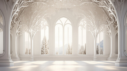 surreal landscape, a white room with windows with wooden arches, in the style of intricate...