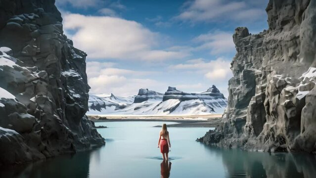 A woman stands confidently in the middle of a serene body of water, embracing the beauty of nature, Iceland beautiful landscape photography, beautiful girl in a swimsuit in the cold, AI Generated