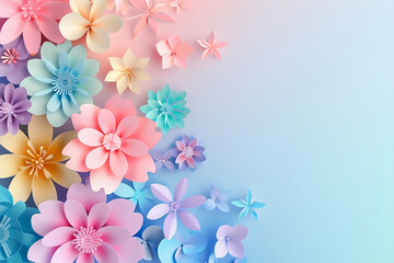 Fototapeta premium Colorful flowers made of paper on a soft blue background.
