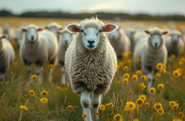 Fototapeta premium Sheep stands in field of yellow flowers