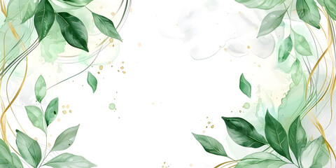 Watercolor soft green leaves with abstract gold wave lines on a white background. This abstract art banner vector illustration is designed for artwork posters or web templates.