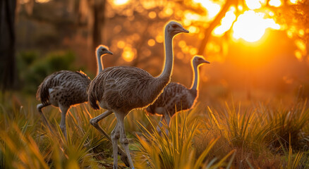 Three ostriches walking in the grass at sunset