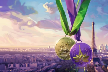 Foto op Canvas Two gold and purple medals attached to a green and purple ribbon, in the background you can see the Eiffel Tower and the landscape of Paris, the sky © apimagine