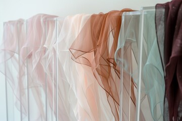 sheer hijabs on a transparent acrylic rack with a clean, modern look - obrazy, fototapety, plakaty