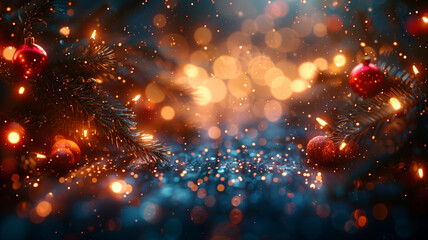 Fototapeta na wymiar A Christmas tree with many red ornaments and lights