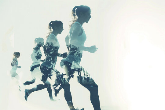 A picture of four girls running, the background is white