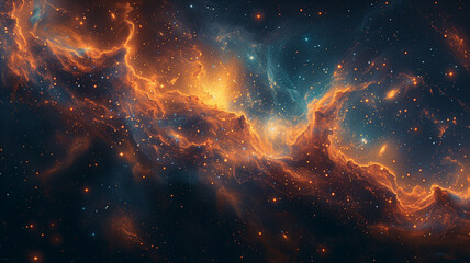 A beautiful and colorful galaxy with a bright orange cloud in the middle - obrazy, fototapety, plakaty