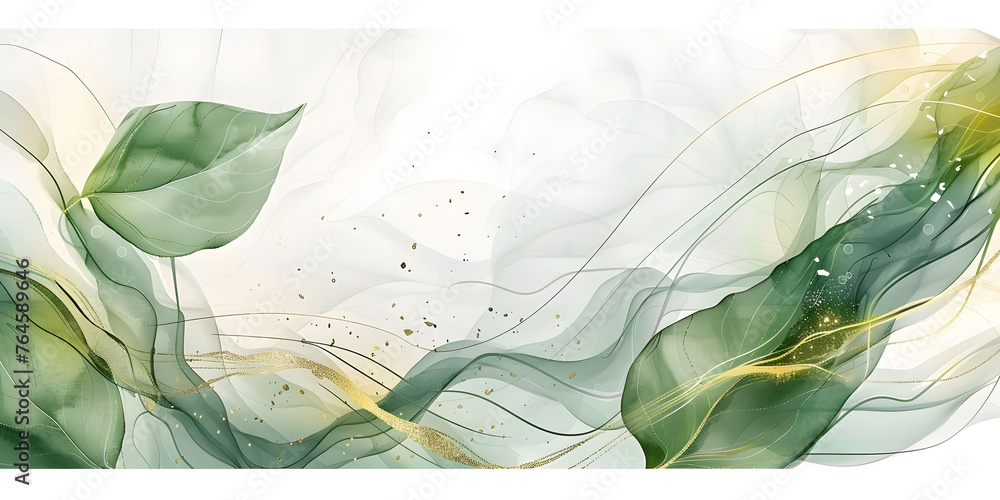 Wall mural Watercolor soft green leaves with abstract gold wave lines on a white background. This abstract art banner vector illustration is designed for artwork posters or web templates.