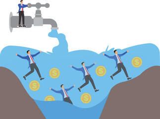 Drowning, financial crisis, debt risk, business or investment failure, monetary policy, inflation, helpless businessmen drowned by the flood of dollars