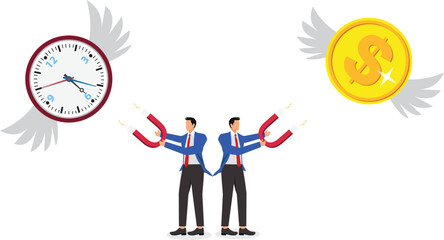 Save money and time, avoid wasting time and money, maximize business losses, financial or economic losses, time and money, businessmen struggle to pull back the clocks and gold coins that fly away