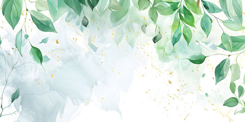 Watercolor soft green leaves with abstract gold wave lines on a white background. This abstract art banner vector illustration is designed for artwork posters or web templates.