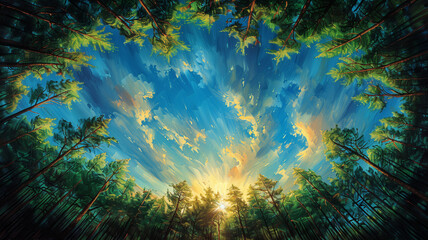 Fototapeta na wymiar A painting of a forest with a blue sky and a sun in the middle