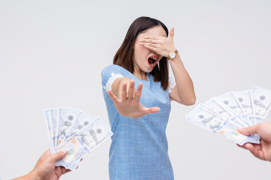 Asian Woman Refusing Money, Anti-corruption Concept Isolated On White