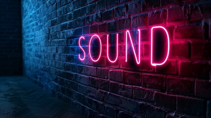 Neon SOUND text on dark wall background