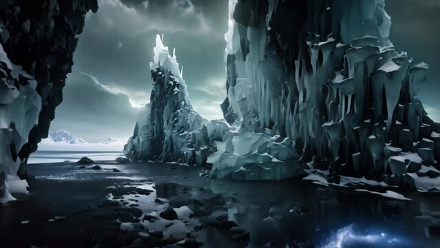 Several icebergs drift on the surface of the water in this captivating image., Minimalist photography, ice ruins, intricate, night, high resolution, 8K ultra HD, AI Generated