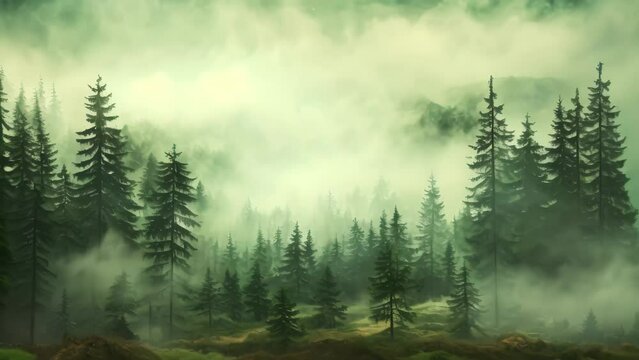 A captivating painting of a foggy forest with tall pine trees, creating a serene and mysterious atmosphere., Misty landscape with fir forest in vintage retro style, AI Generated