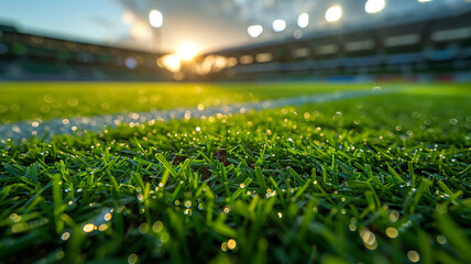 A soccer field with a bright sun shining on the grass