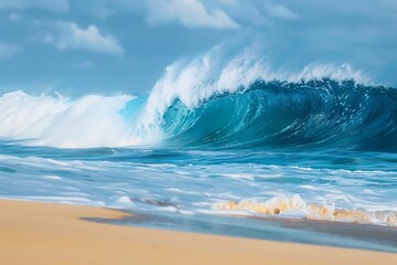 Big breaking Ocean wave on a sandy beach on the north shore of Oahu Hawaii. generative ai.