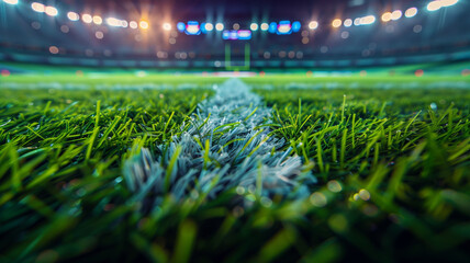 A soccer field with a bright sun shining on the grass - obrazy, fototapety, plakaty