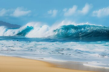 Big breaking Ocean wave on a sandy beach on the north shore of Oahu Hawaii. generative ai.