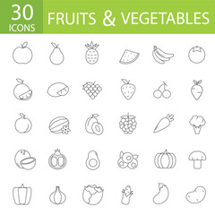 Icons for the site vegetables and fruits colored lines 30 icons illustration
