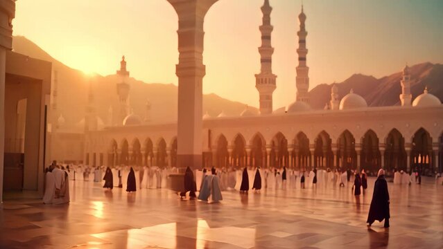 A diverse group of individuals walks around a massive architectural structure., Nabawi Masjid, a mosque in Al Madinah, Saudi Arabia, AI Generated