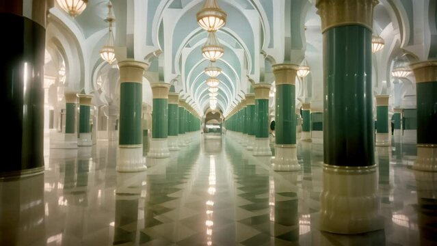 A stunning and grand hallway in a building adorned with tall columns and elegant chandeliers., Nabawi Masjid, a mosque in Al Madinah, Saudi Arabia, AI Generated
