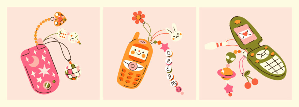 Cute illustrations of retro 2000s flip mobile cellphones. Hand drawn flat vector y2k mobile telephone set with fun charms in doodle comic style. 