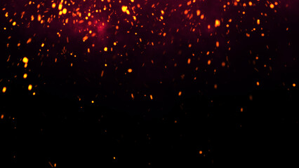 Red Glowing Ember Particles, Dark Glitter Fire Lights Rise Amidst Smoke, Fog, and Misty Texture Over Black Background. Experience the Intensity of Burning Sparks in this Abstract Composition