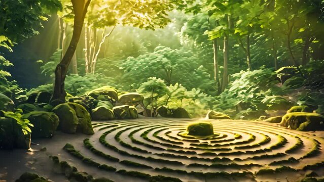 Discover the thrill and mystery of navigating a large circular stone maze hidden in the heart of the forest., Nature Spirituality, Ways to Reconnect with Nature, AI Generated