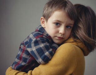 A woman and a boy are hugging each other