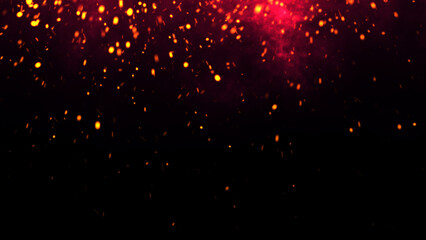 Fototapeta na wymiar Red Glowing Ember Particles, Dark Glitter Fire Lights Rise Amidst Smoke, Fog, and Misty Texture Over Black Background. Experience the Intensity of Burning Sparks in this Abstract Composition