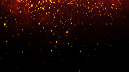 Red Glowing Ember Particles, Dark Glitter Fire Lights Rise Amidst Smoke, Fog, and Misty Texture Over Black Background. Experience the Intensity of Burning Sparks in this Abstract Composition - obrazy, fototapety, plakaty