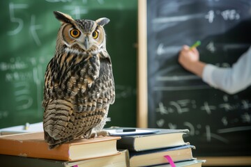 owl seated on a stack of textbooks, person writing on a chalkboard