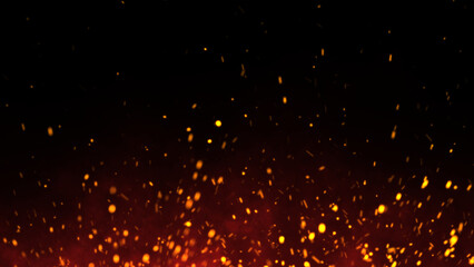 Red Glowing Ember Particles, Dark Glitter Fire Lights Rise Amidst Smoke, Fog, and Misty Texture Over Black Background. Experience the Intensity of Burning Sparks in this Abstract Composition