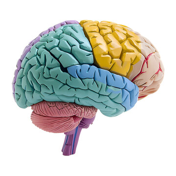 Human brain model with a blue Cerebellum, green Cerebrum, purple Thalamus, and yellow Hypothalamus, isolated on a transparent background. PNG Cutout
