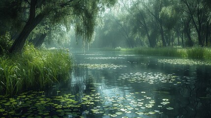 A secluded pond, its still surface dotted with lily pads and surrounded by weeping willows. 