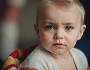 A baby with a frowning face is sitting in a chair - 764593025