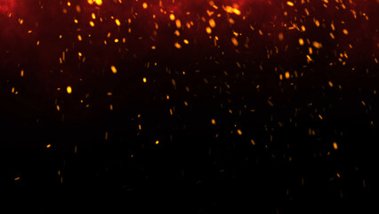 Fototapeta premium Red Glowing Ember Particles, Dark Glitter Fire Lights Rise Amidst Smoke, Fog, and Misty Texture Over Black Background. Experience the Intensity of Burning Sparks in this Abstract Composition