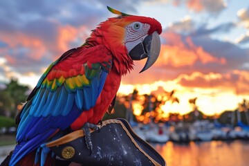 parrot with bright plumage on a pirate hat at sunset marina