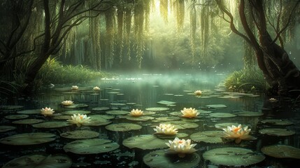 A secluded pond, its still surface dotted with lily pads and surrounded by weeping willows.  - obrazy, fototapety, plakaty