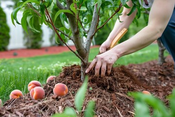person spreading mulch around the base of a peach tree in their yard