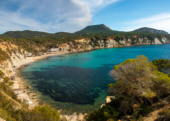 Panoramic view of Cala D´Hort beach, Sant Josep de Sa Talaia, Ibiza, Balearic Islands, Spain