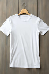 Obraz premium a simple clean white T-shirt as an object on a wooden background, as a template for labels and design