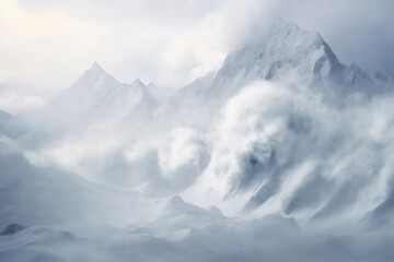 beautiful winter landscape with snowy mountains and white sky in a snowstorm, beautiful northern nature - Powered by Adobe